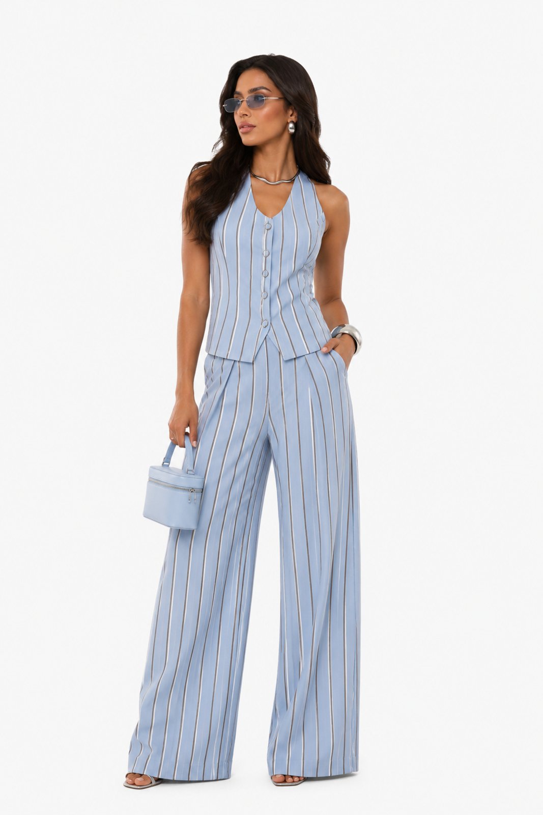 Conjunto Feminino D Bell Outlet Fashion Listrado Alfaiataria Colete Azul Celeste