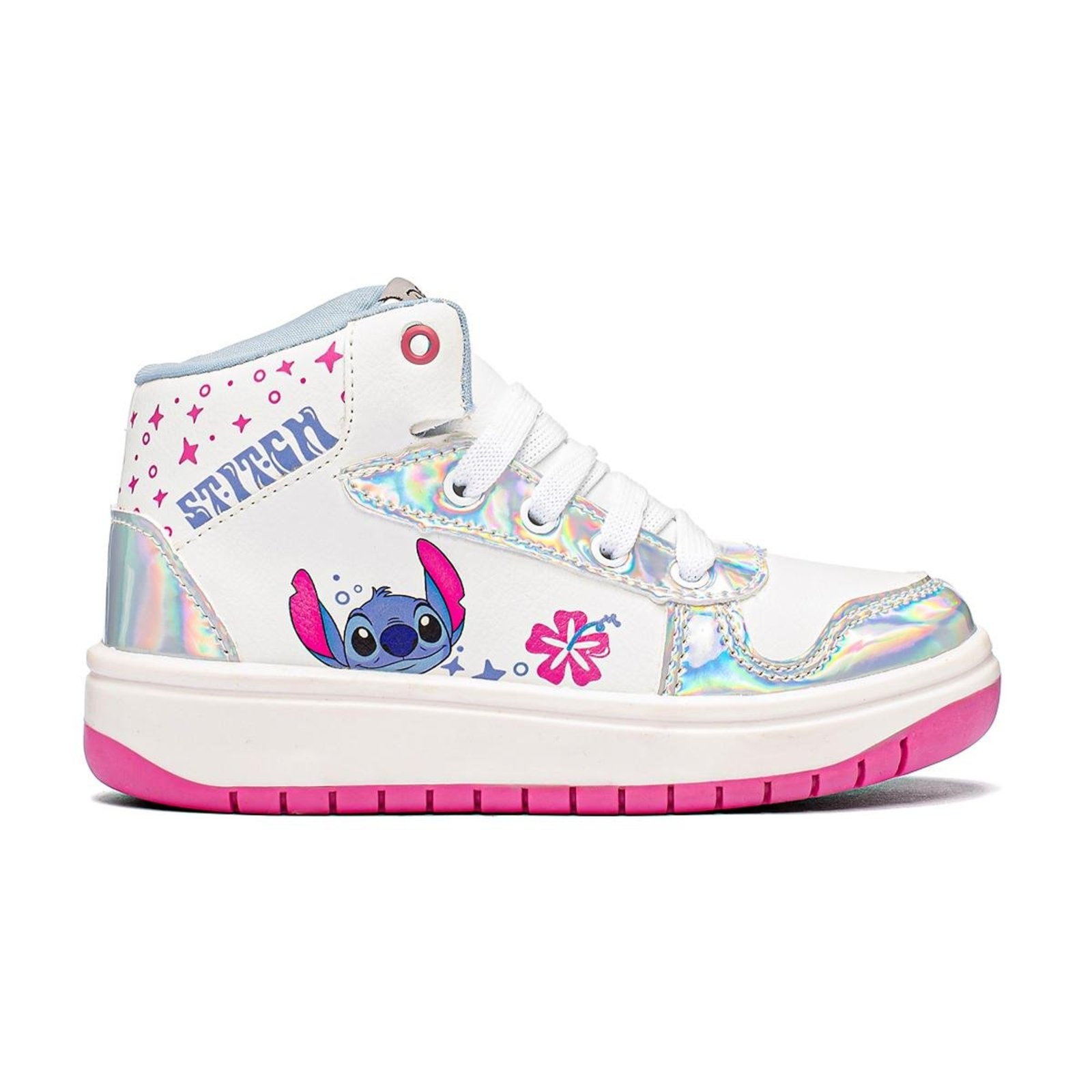 Infantil - Tênis Feminino Stitch Disney Cano Médio Holográficos e Solado Rosa 28 ao 35