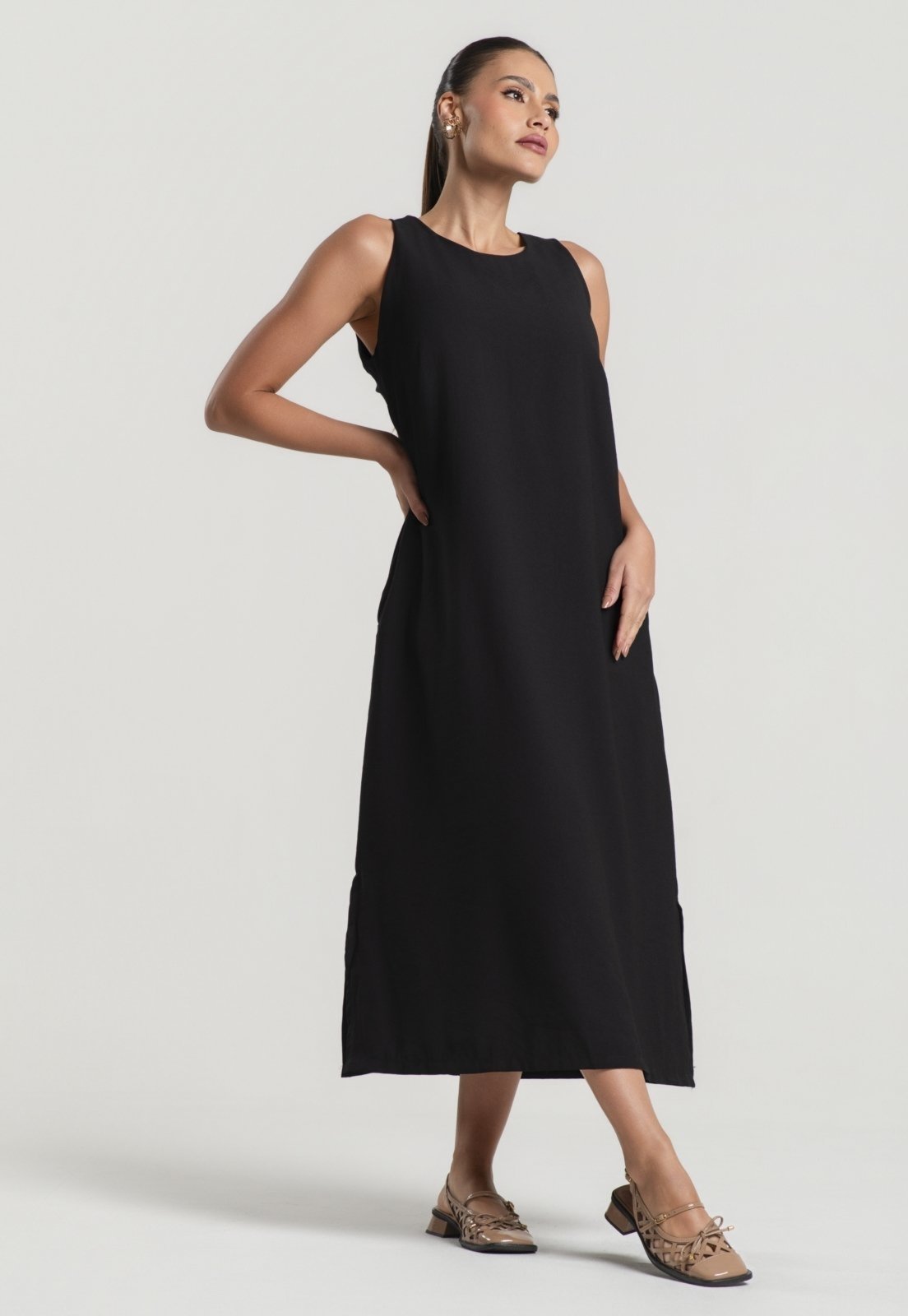 Vestido Midi Alfaiataria Marrant Regata Com Fendas e Bolsos Salvatore Preto