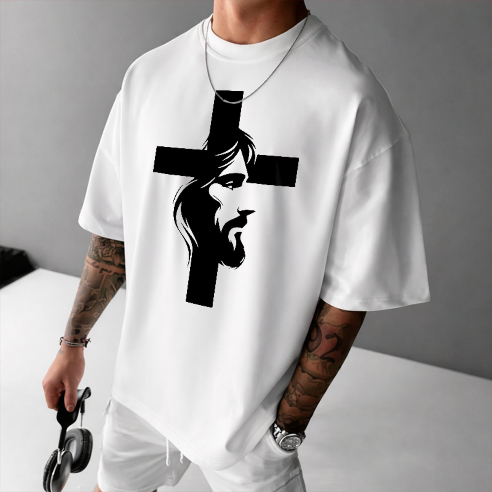 Camiseta Oversized Jesus Cruz Fé Faith Street Style Unissex Branco