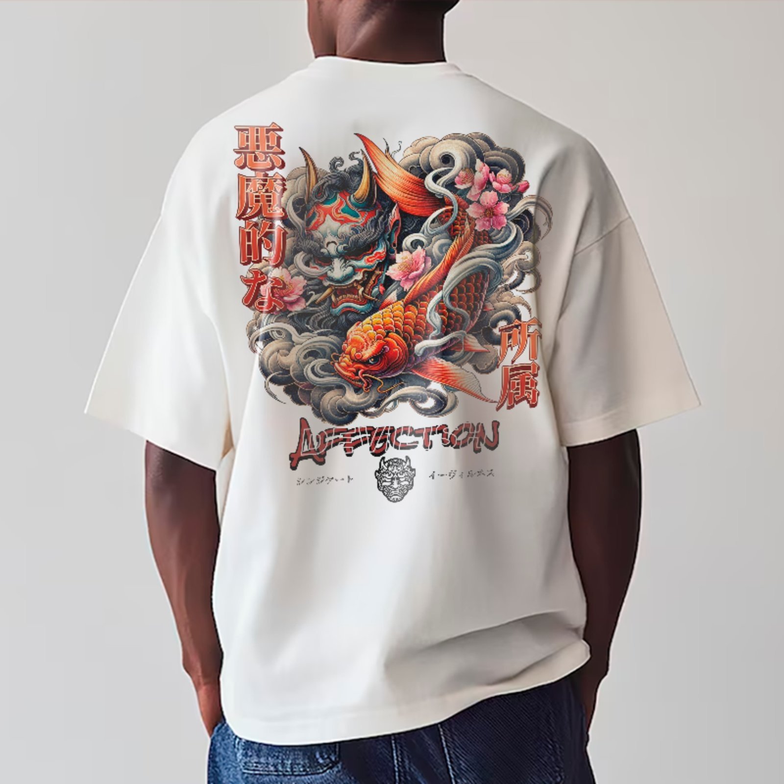 Camiseta Oversized Premium Oni Demon Koi Fish Japan Streetwear Unissex Branco