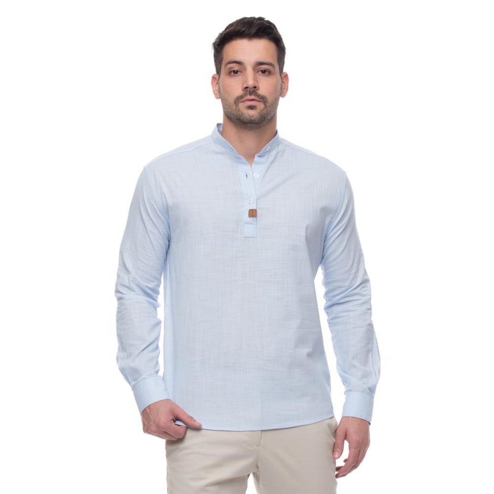 Camisa Social Bata Masculina Gola Padre Moderna Linho Casual Azul Claro P Azul