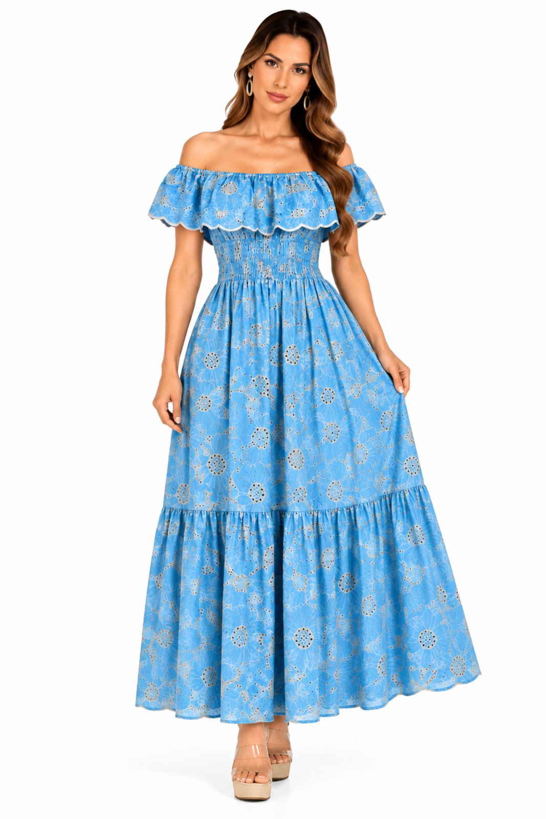 Vestido Longo Lastex em Lese com Decote D Bell Outlet Fashion Azul