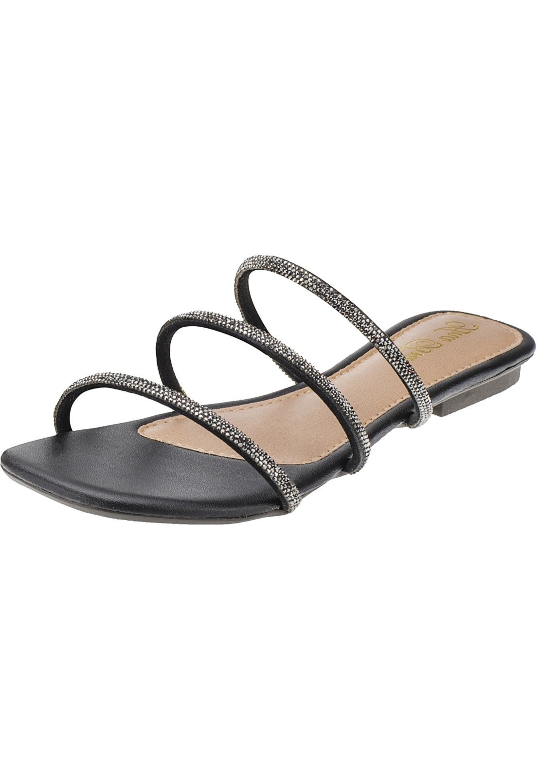 Sandália Rasteira Feminina Tiras Strass Luxo 149 Ana Brito Preto