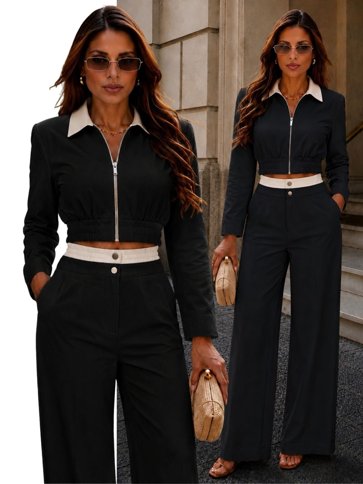 Conjunto Feminino Alfaiataria Tropical Fashion Jaqueta Bomber e Calça Pantalona - Preto