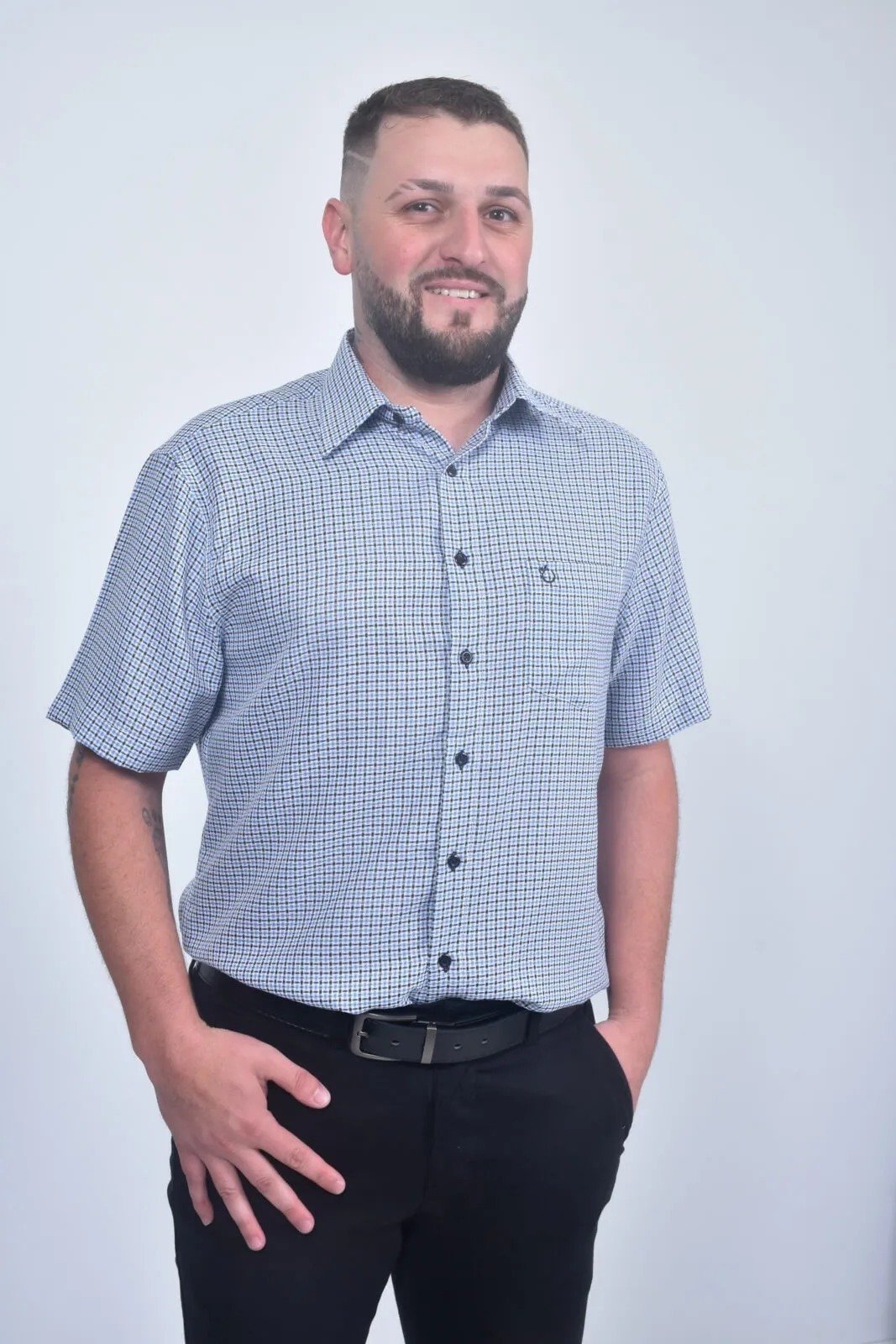Camisa Social Masculina Olimpo Xadrez Manga Curta Azul