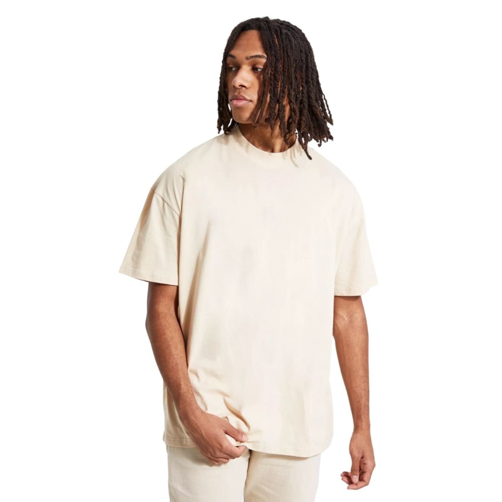 Camiseta Oversized Marfim Gola Alta em Algodão