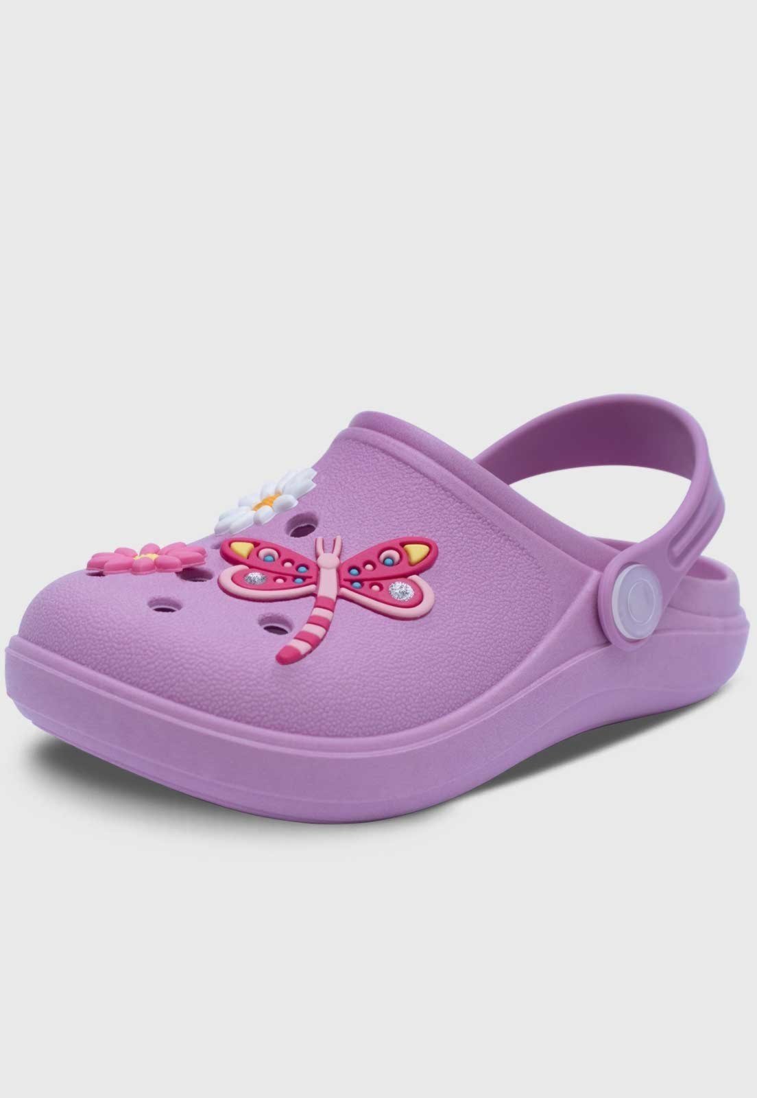 Vista 2 Infantil - Babuche Popidi Libelula e Flores Lilas Pópidí lilás