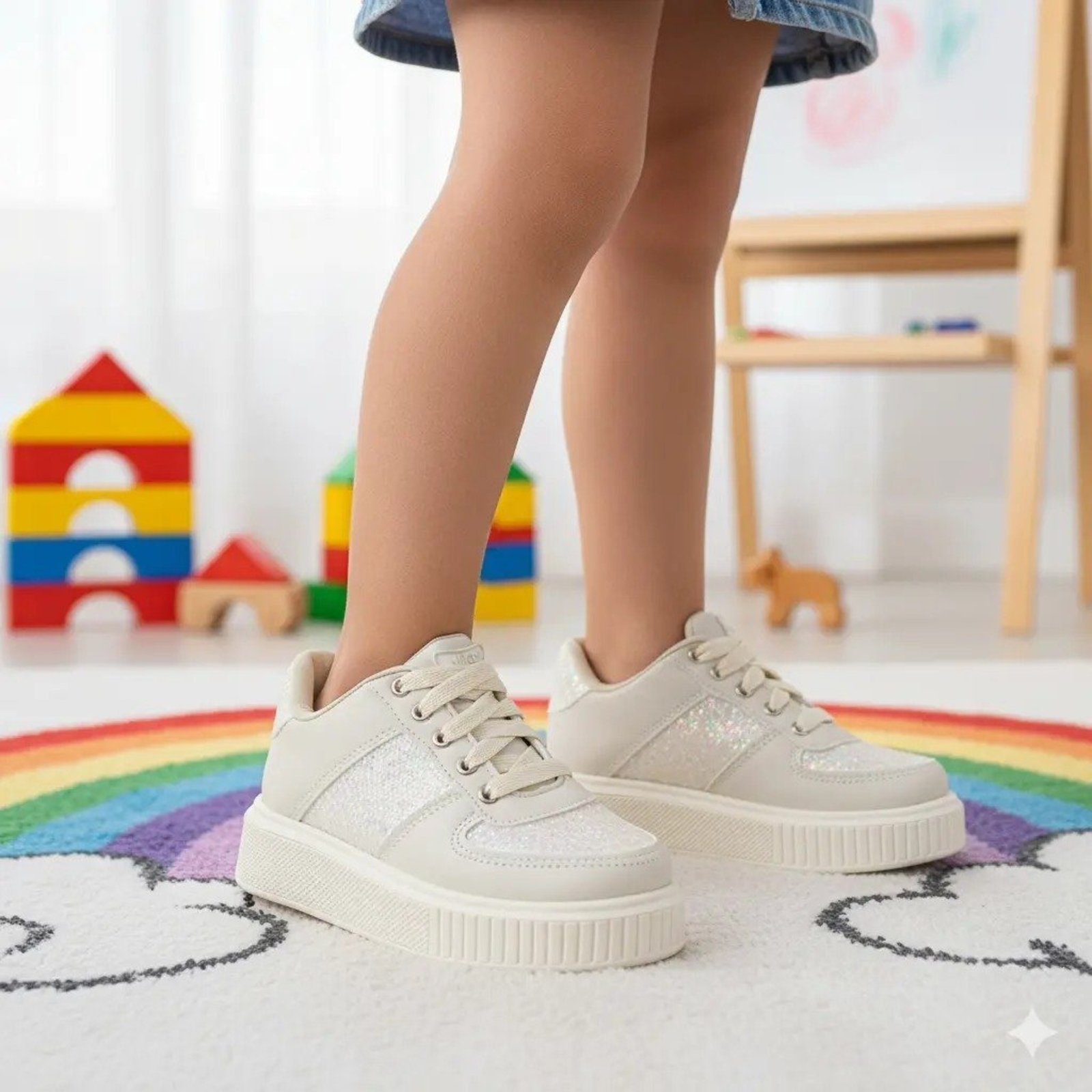 Infantil - Tênis Menina Casual Juliette Glitter Flatform Escolar Confortável Leve Volta as Aulas Off White