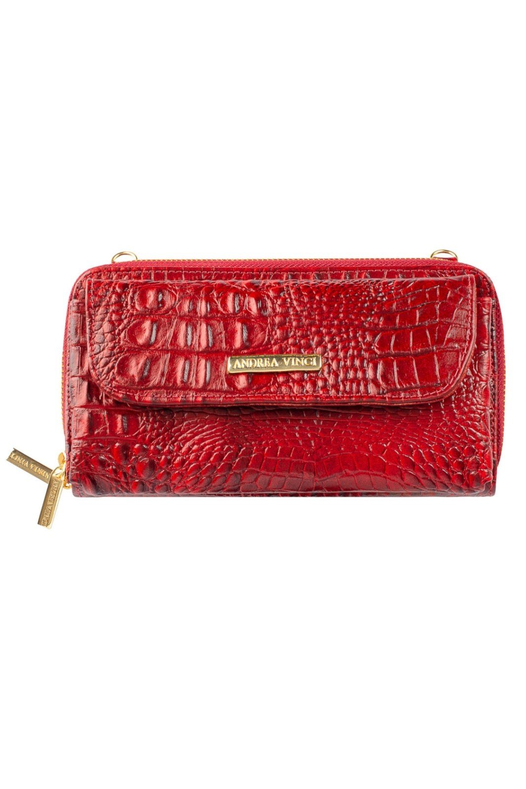 Vista 2 Carteira feminina de couro croco com alça Tania 10,5x19cm Andrea Vinci vermelho Andrea Vinci vermelho