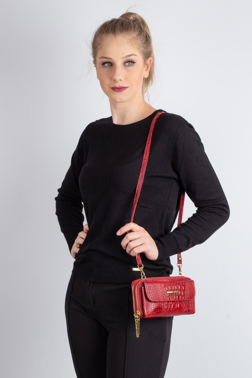 Vista 3 Carteira feminina de couro croco com alça Tania 10,5x19cm Andrea Vinci vermelho Andrea Vinci vermelho