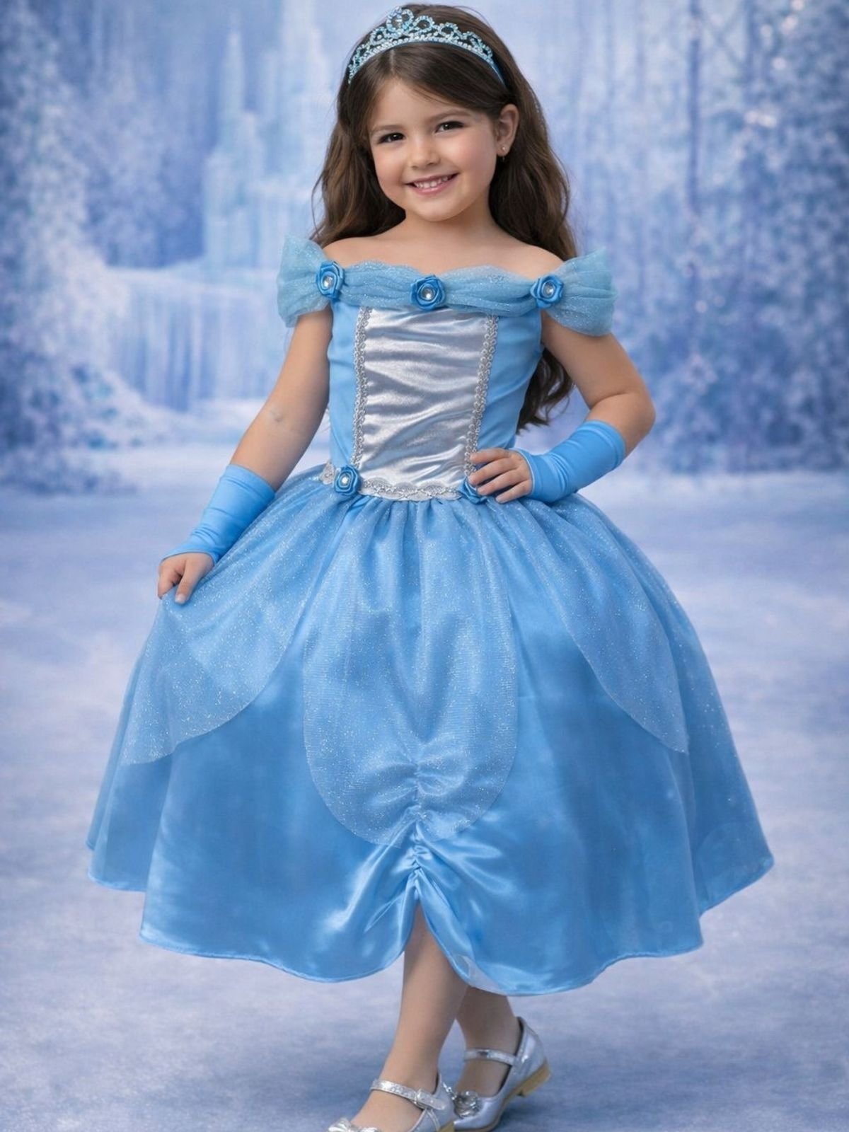 Infantil - Vestido Fantasia Princesa Azul Com Luvas Princesas Carnaval Festa Dia das s Menina Luxo