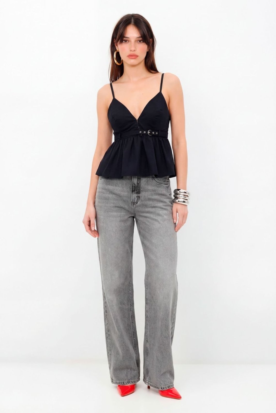 Vista 2 Blusa Peplum Faixa Ajustável Feminina Inblanche preto Inblanche preto