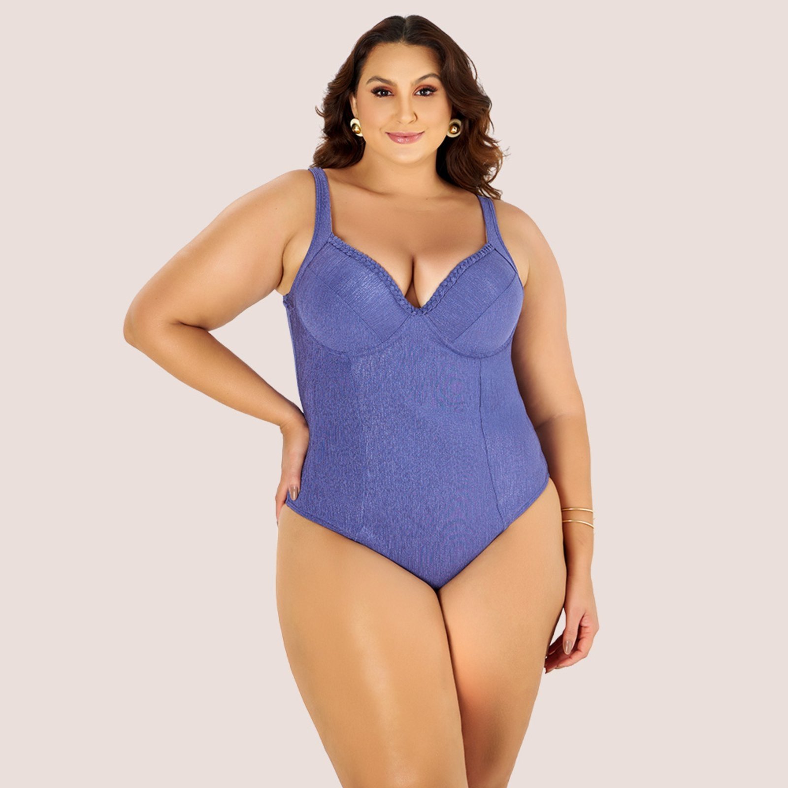 Maiô Modelador Zero Barriga com Bojo e Trançado Plus Size Azul