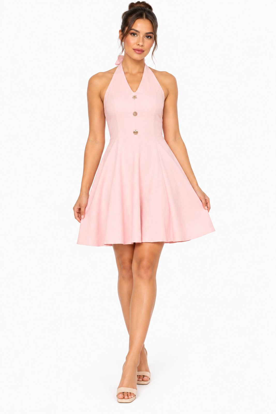Vestido Curto D Bell Outlet Fashion Evasê Frente Única com Botões Rosa