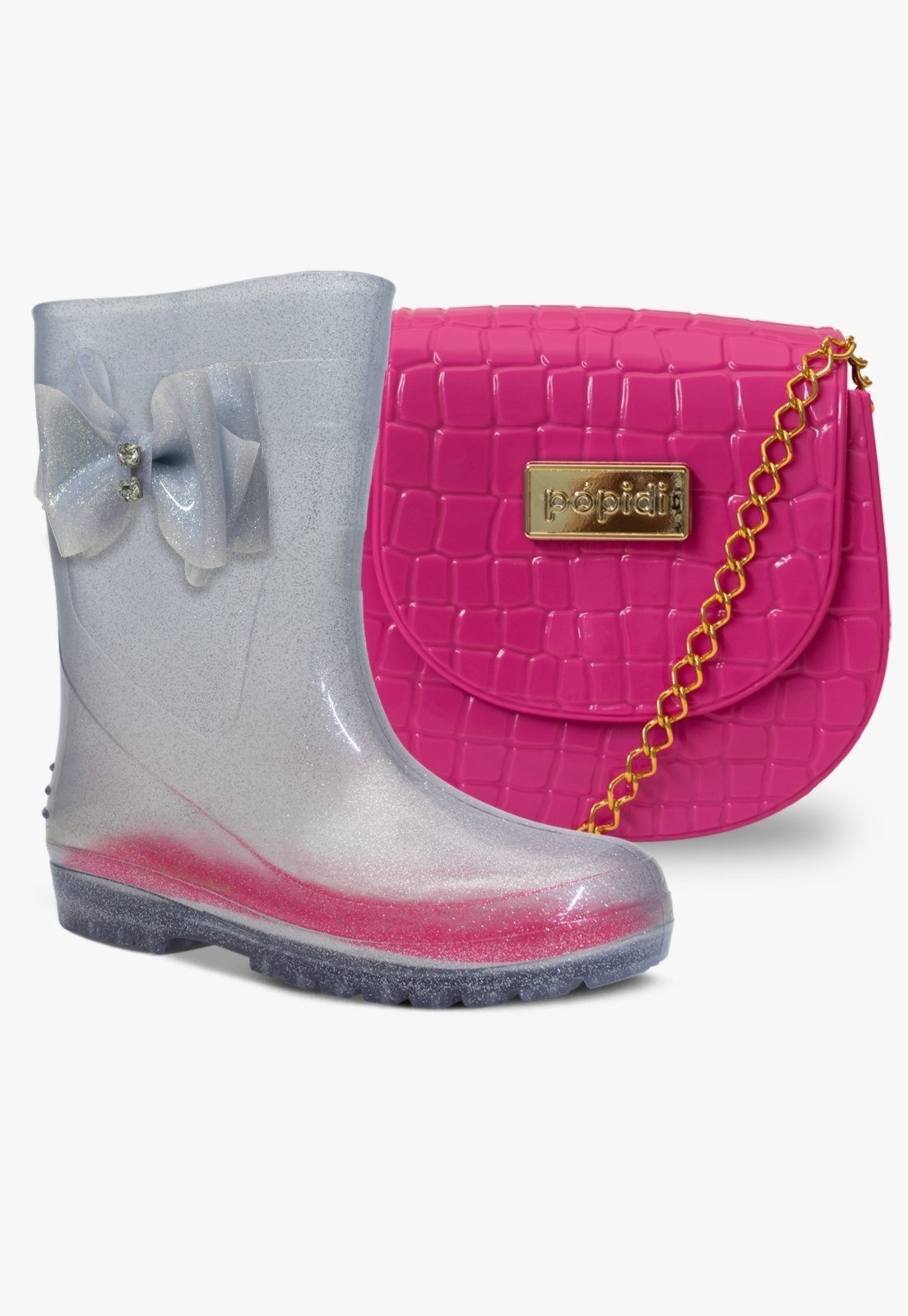Infantil – Kit Bolsa e Bota Galocha Feminina Pópidi Menina Laço Glitter Prata e Pink