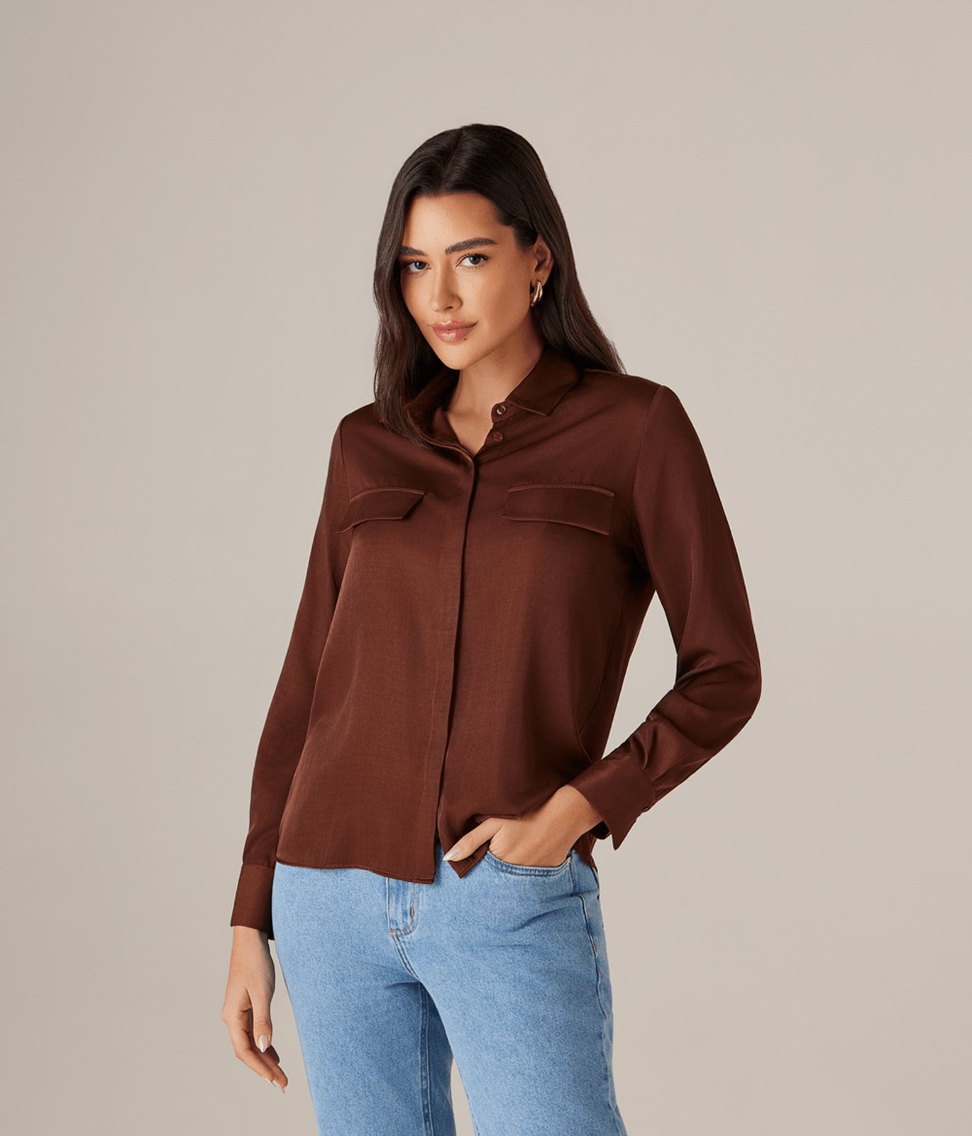 Camisa Manga Longa Aceitnada Bolso Com Lapela Feminina Marrom