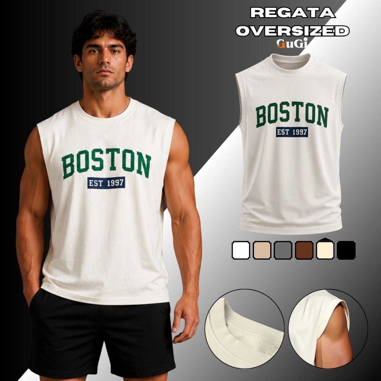 Camiseta Regata Masculina Oversized Estampada Boston Est 1997 100% Algodão 30.1 Off White