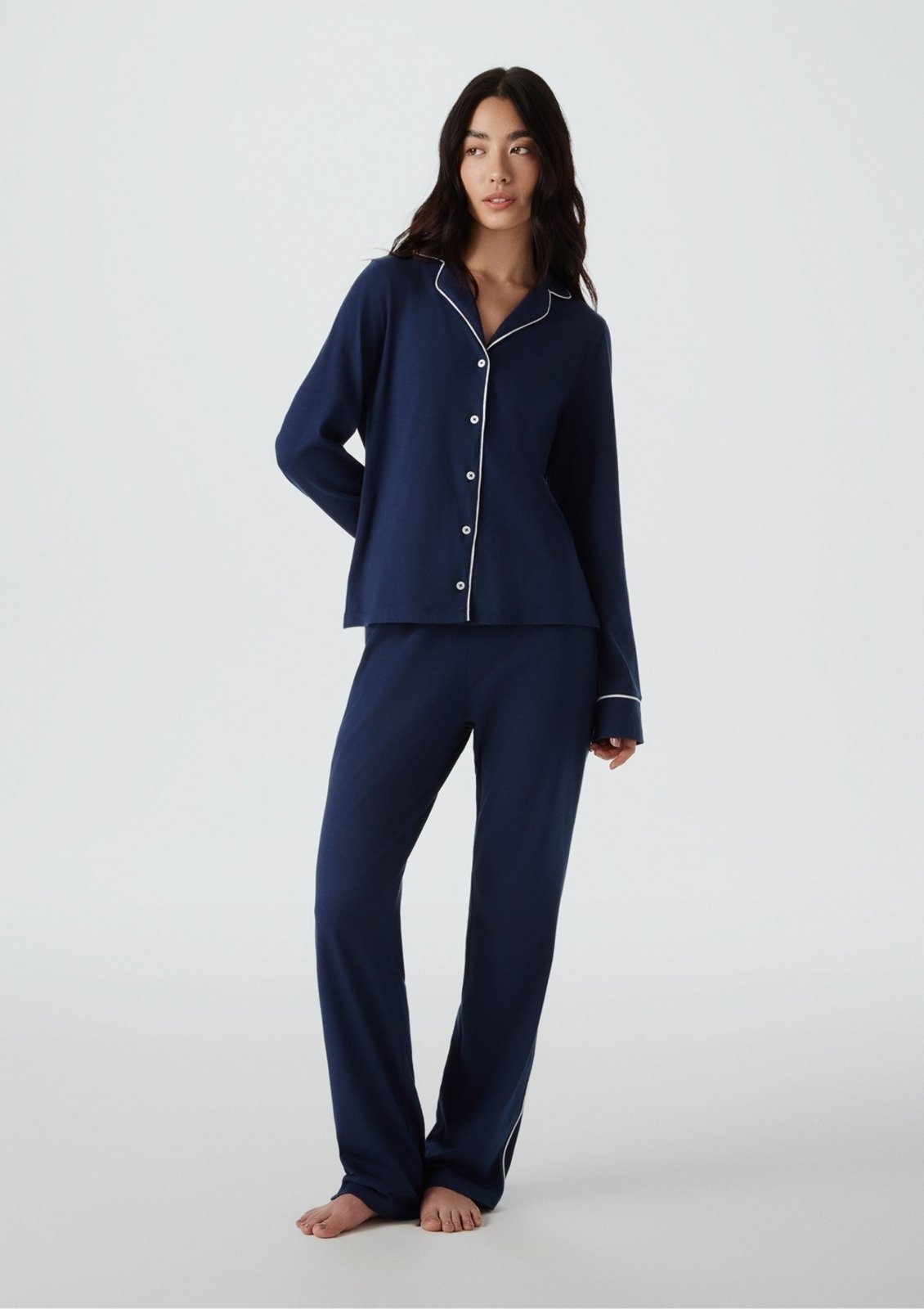 Vista 2 Pijama Longo Feminino Com Botões Hering HERING INTIMATES azul HERING INTIMATES azul