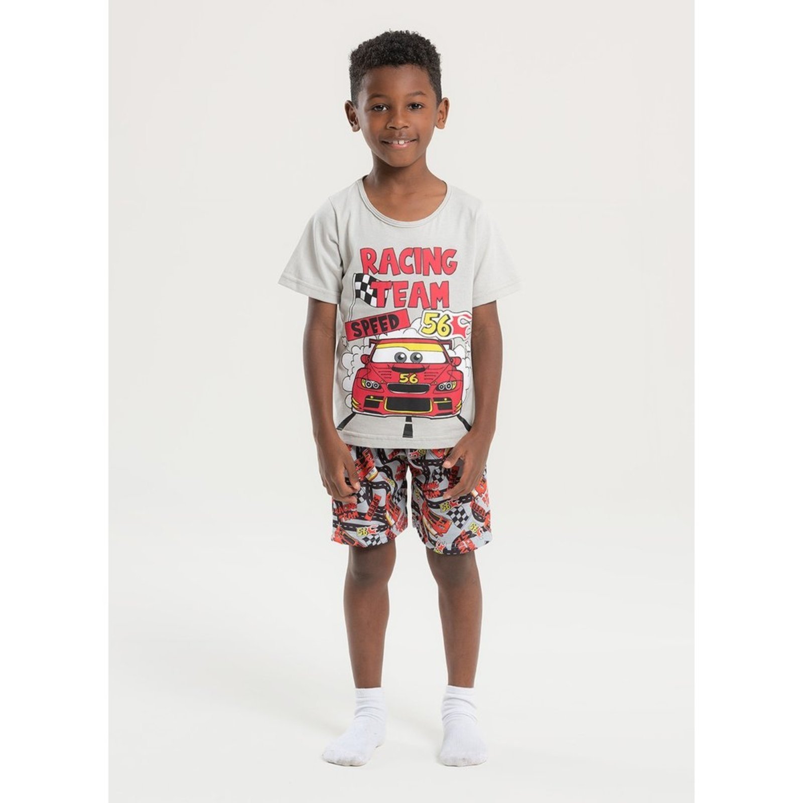Pijama Verão Menino Cinza Camiseta e Bermuda Carros