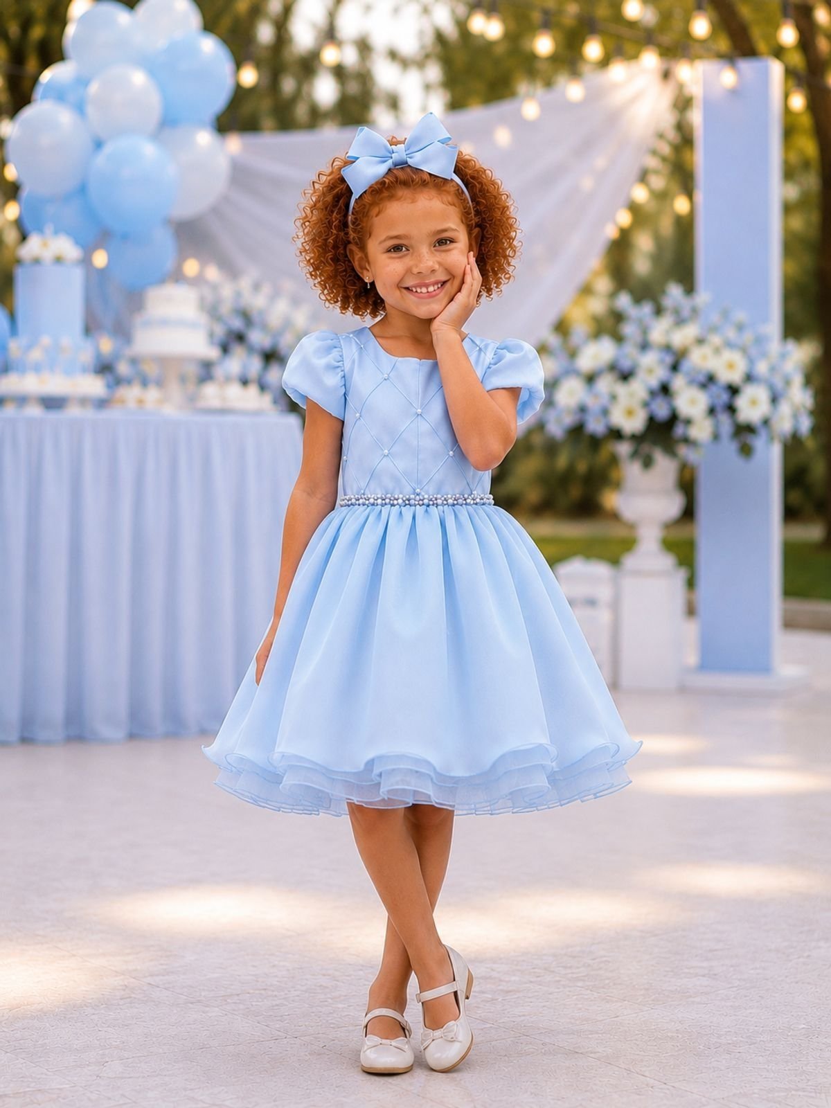 Infantil - Vestido Menina Juvenil Festa Azul Serenity Claro Pérolas Formatura Casamento Juvenil Princesa Social Rodado Florista Dama Daminha Aniversário Luxo