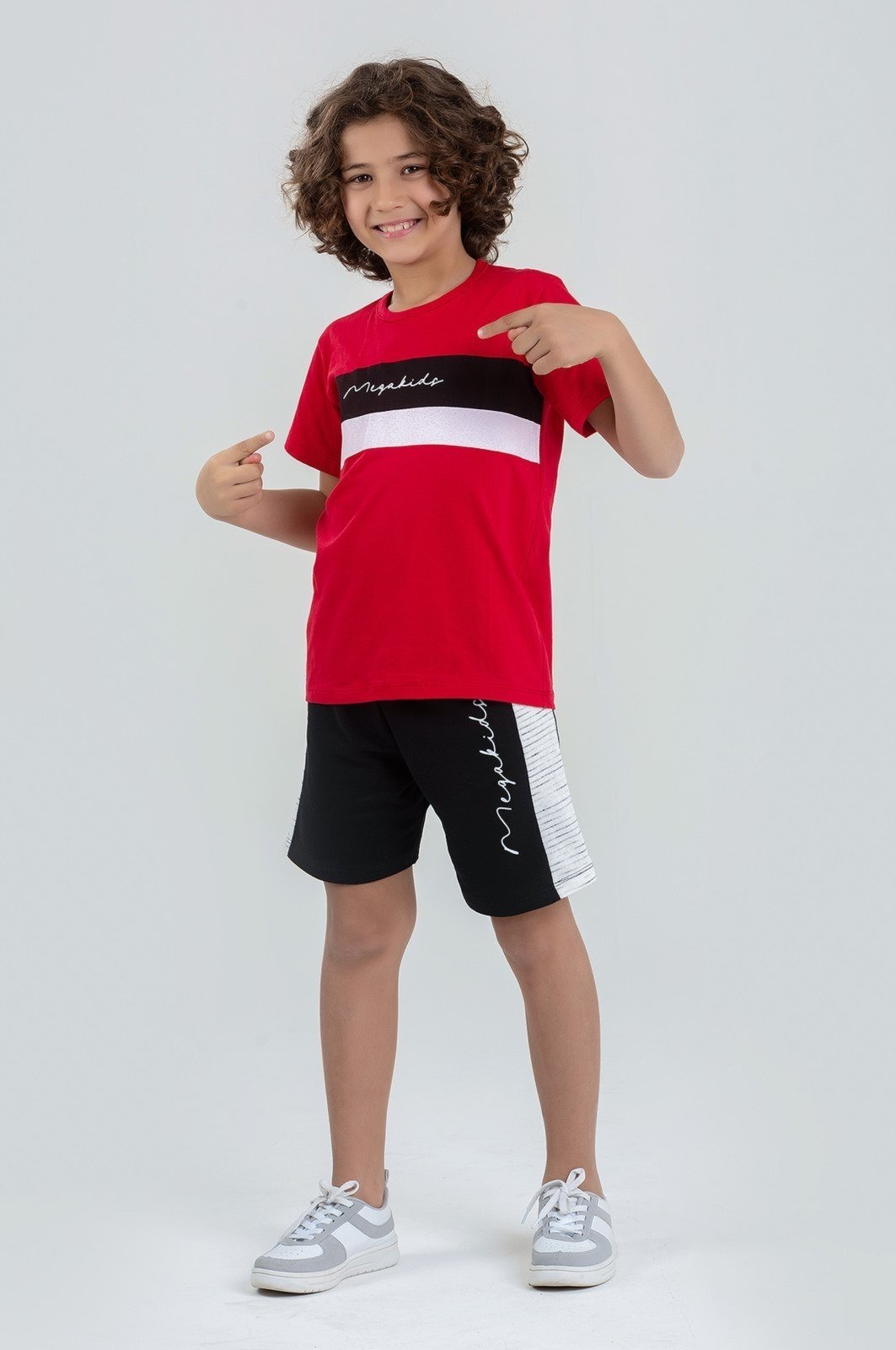 Infantil – Conjunto Verão Masculino Mega Listras – Vermelho