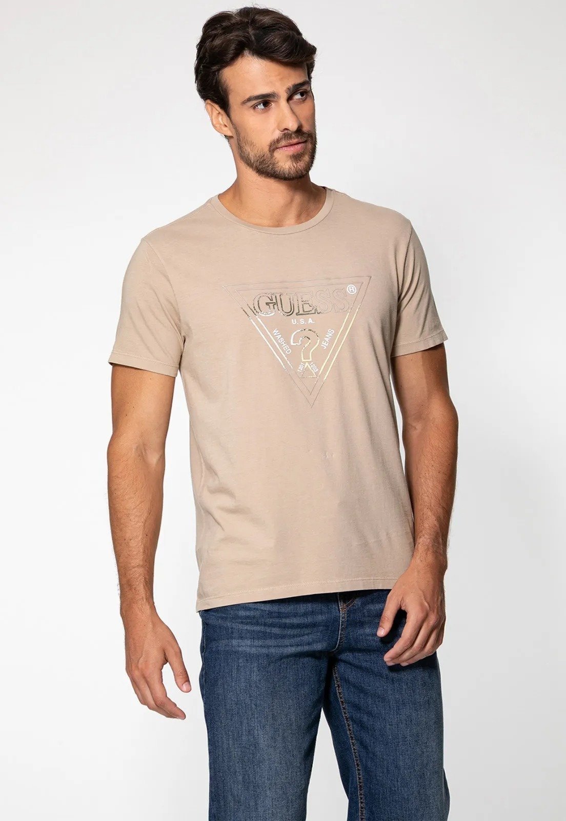 Camiseta Logo Guess Triângulo Colorido Bege