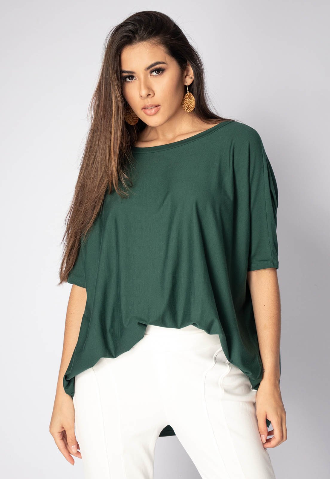 Blusa Ampla Amazonia Vital Malha Morcego Manga Curta Verde Musgo