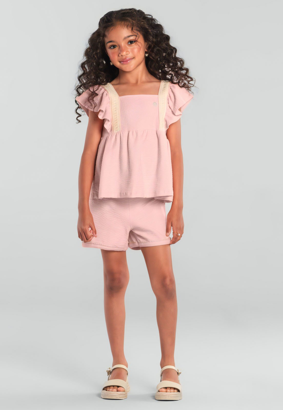 Infantil - Conjunto 2pçs Manga Curta Brandili Mundi Babado Rosa