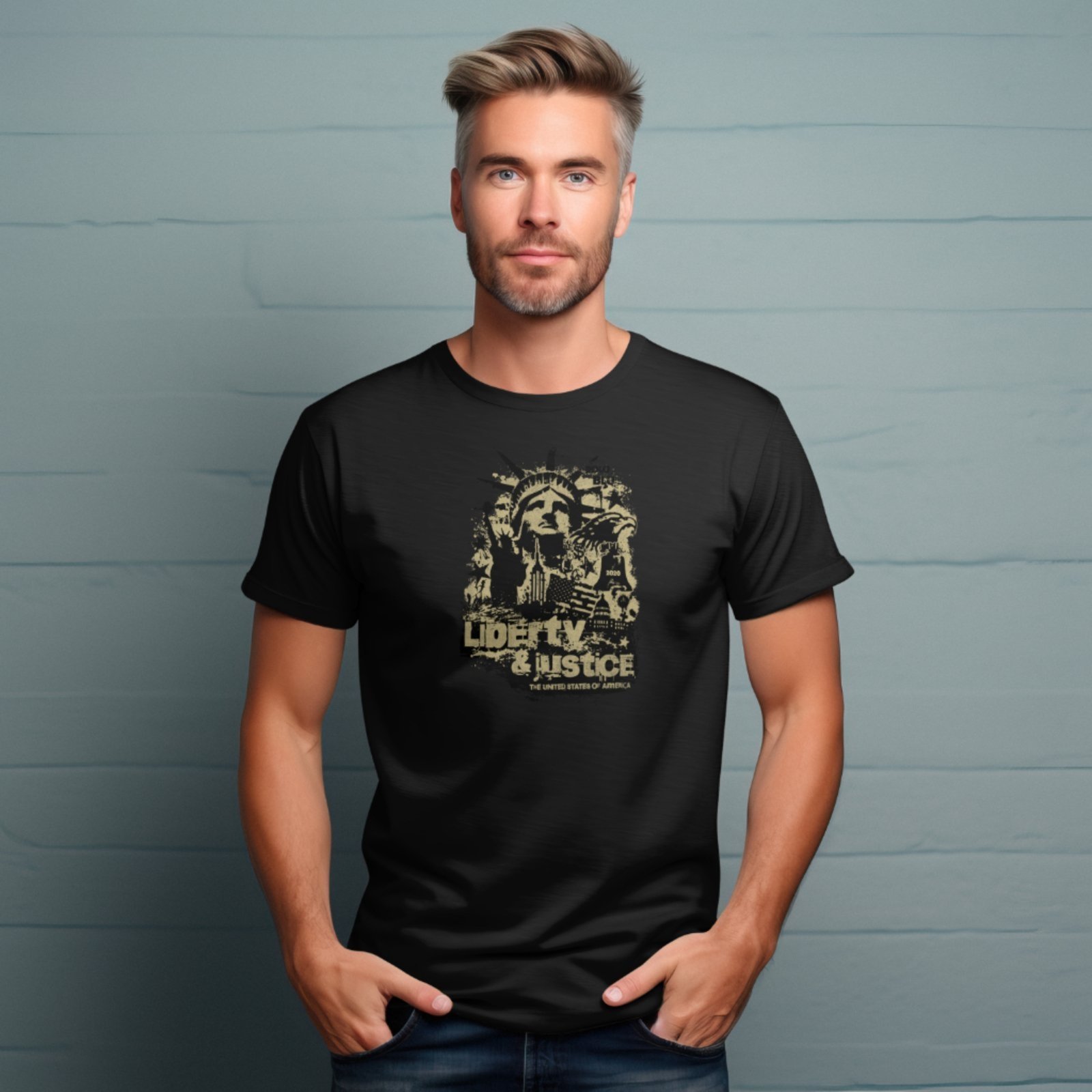 Camiseta Masculina Polo Blu Estampada Liberty & Justice Malha Algodão Preta do P ao G1