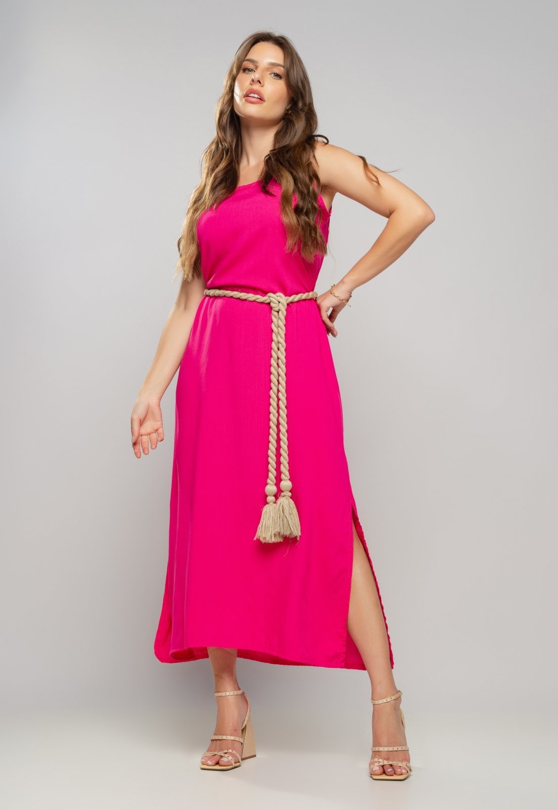Vestido Longo Viscolinho Fenda Salvatore Fashion Rosa