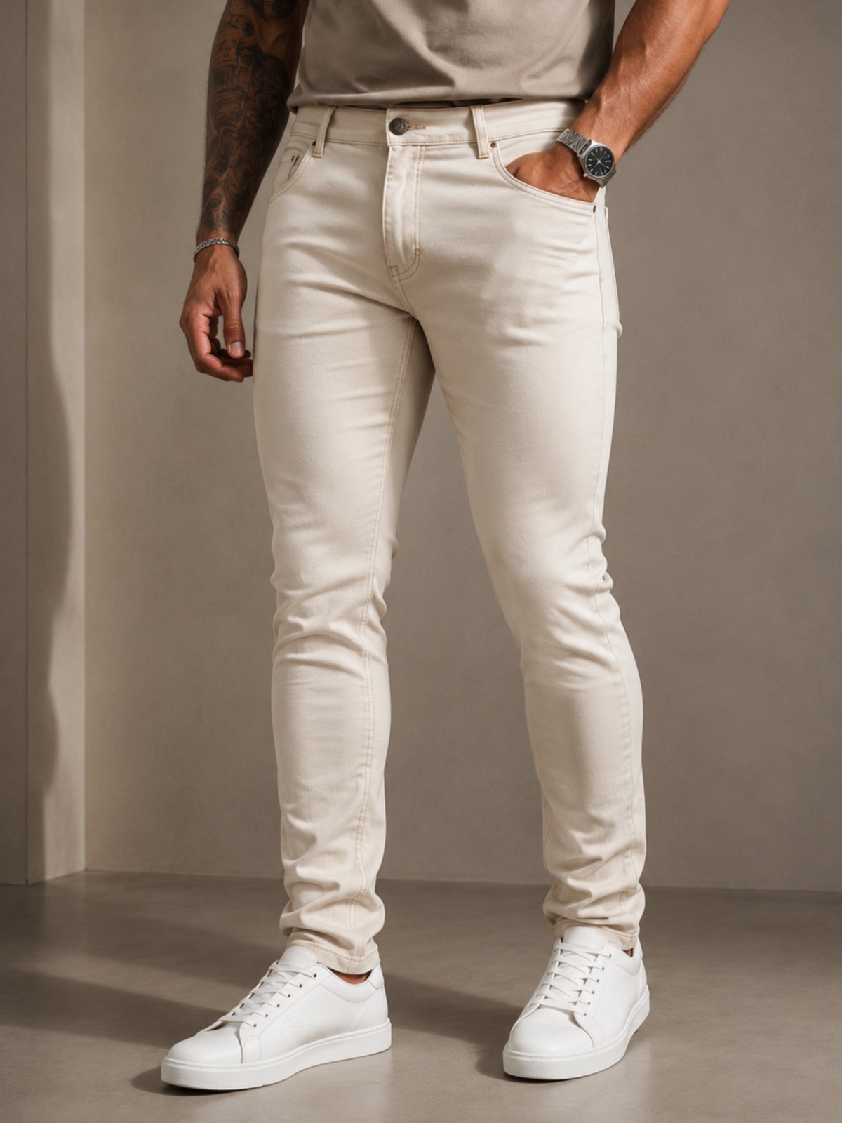 Calça Masculina Sarja Bege Slim Fit Com Elastano Premium Casual Confortável
