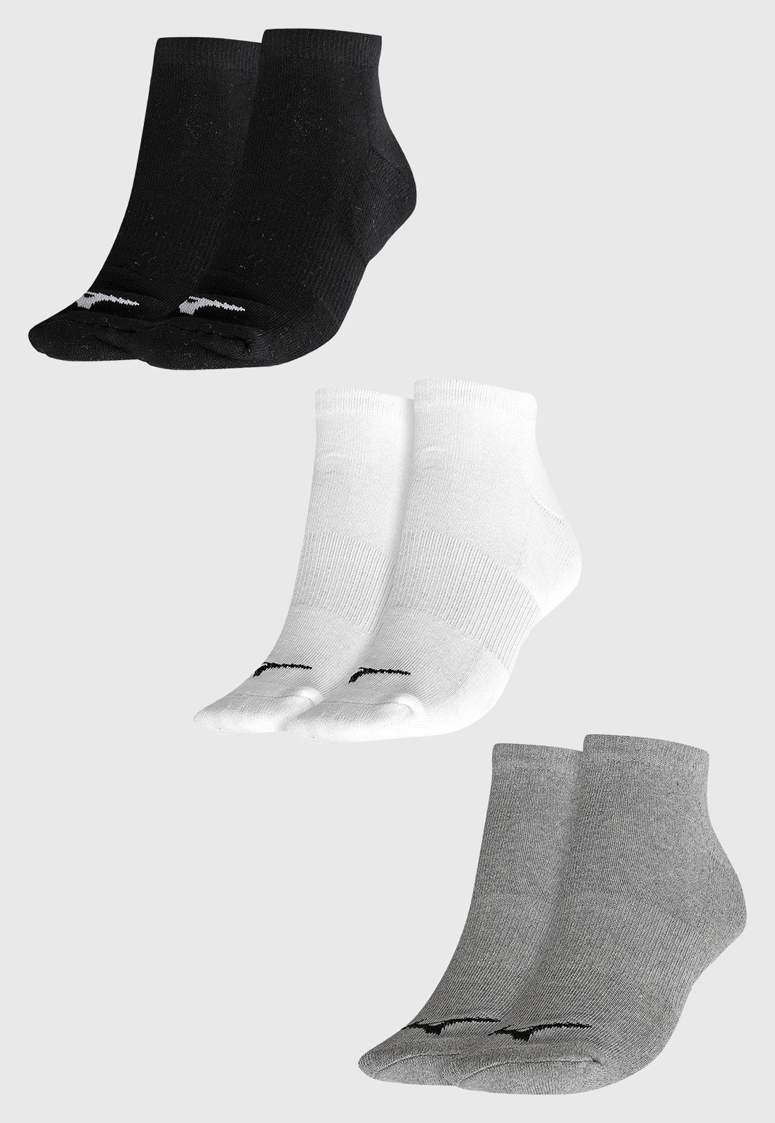 Vista 3 Kit 3 Pares de Meias Unissex Mizuno Tripack Prime SC Preto Cinza branco Mizuno branco