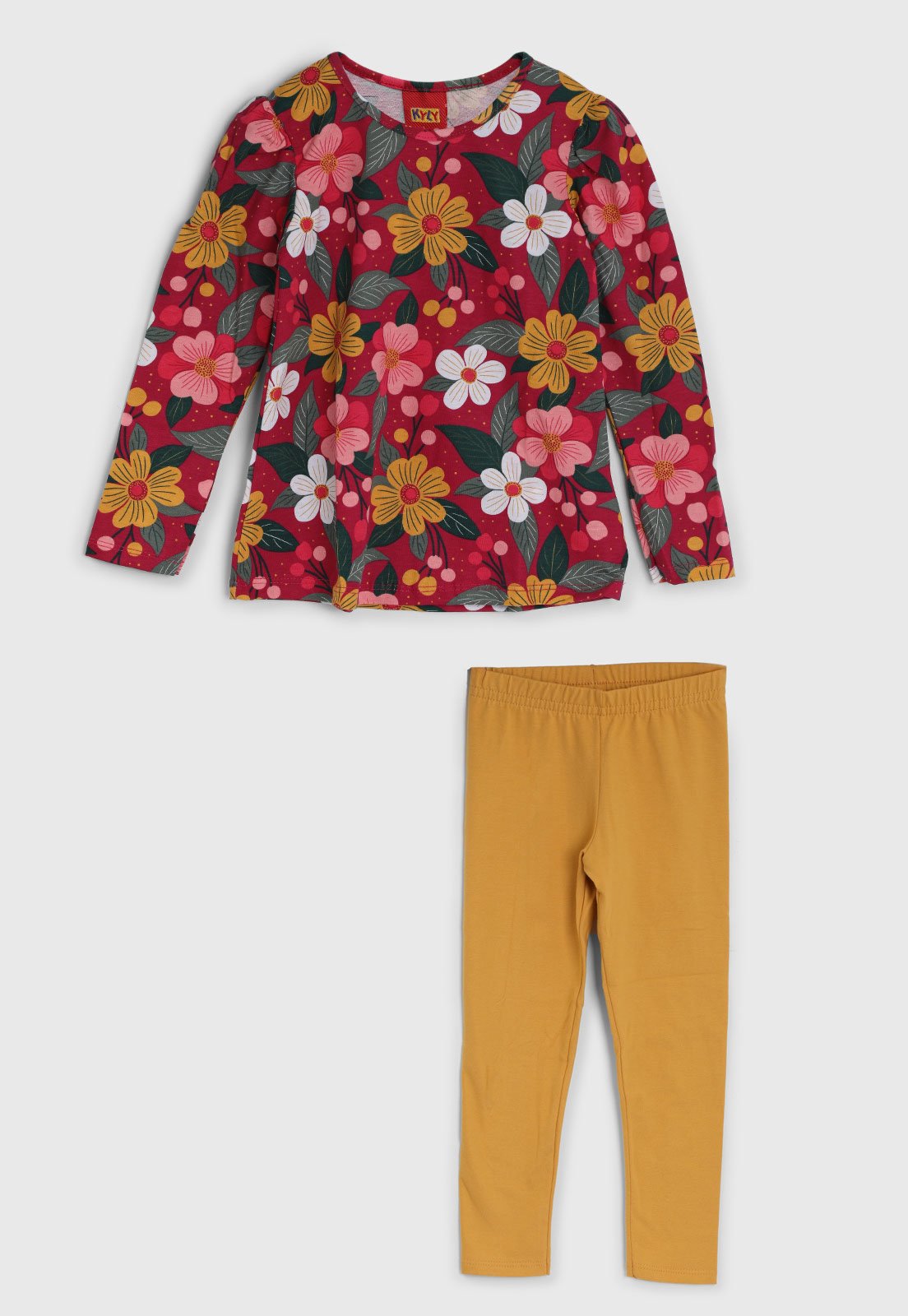 Infantil - Conjunto Kyly Blusa Floral Manga Longa e Calça Mostarda