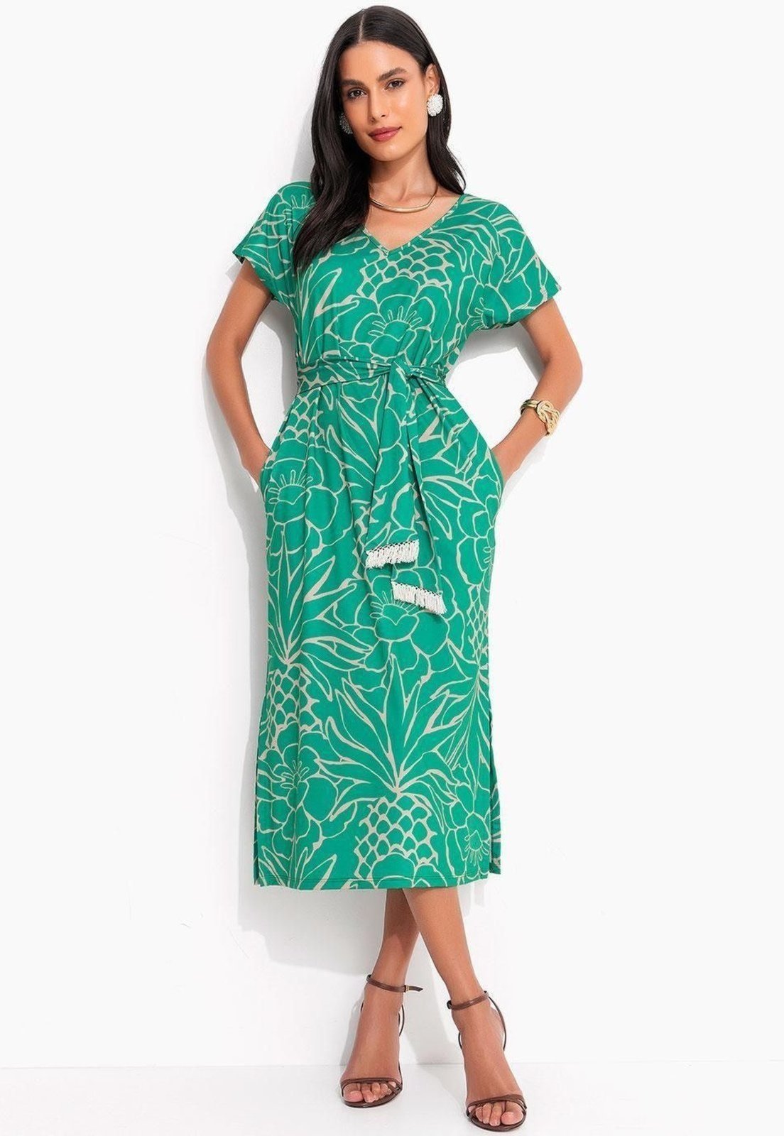 Vestido Em Malha Fria Tropical Verde Quintess