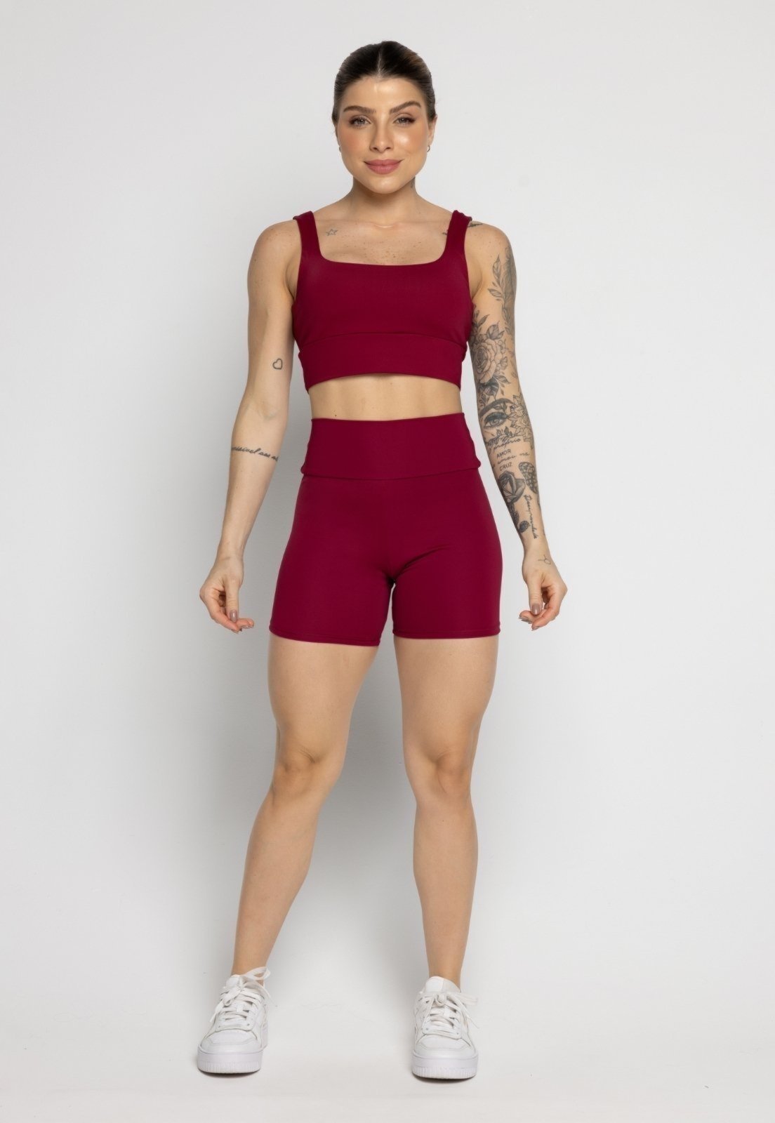 Conjunto WLS Modas Top Alça Grossa e Short Poliamida Fitness Cintura Alta Poliamida Vinho