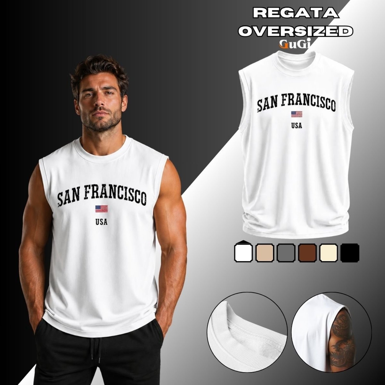 Camiseta Regata Masculina Oversized Estampada San Francisco USA 100% Algodão Branco