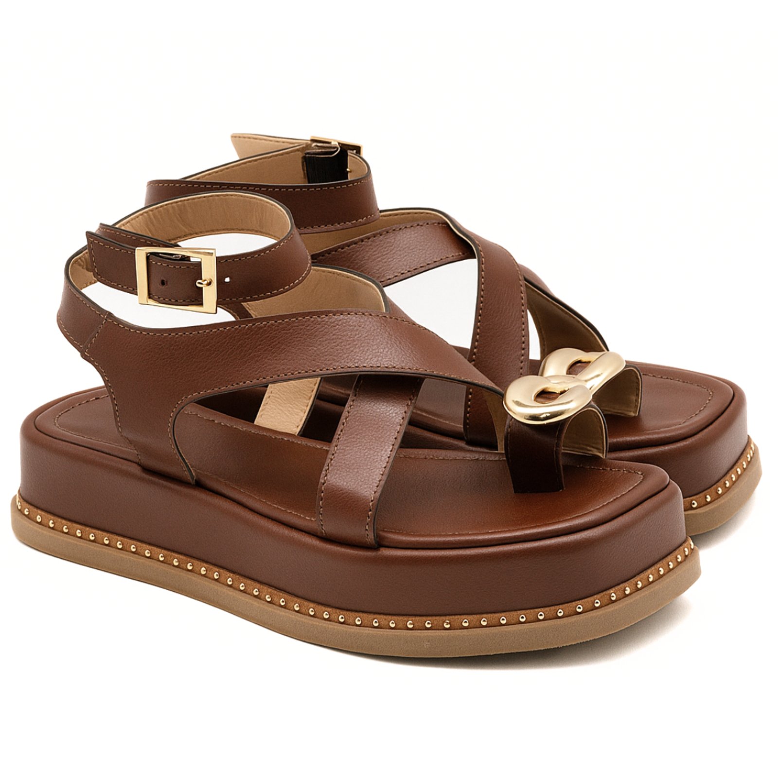 Sandália Flatform Feminina Papete Flor da Pele Tiras Fivela 23403 Floter Cacau Flor Da Pele