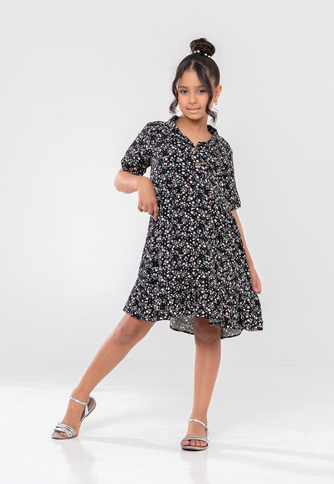 Infantil - Vestido Aura Rafaela Chemise Floral Mini Preto