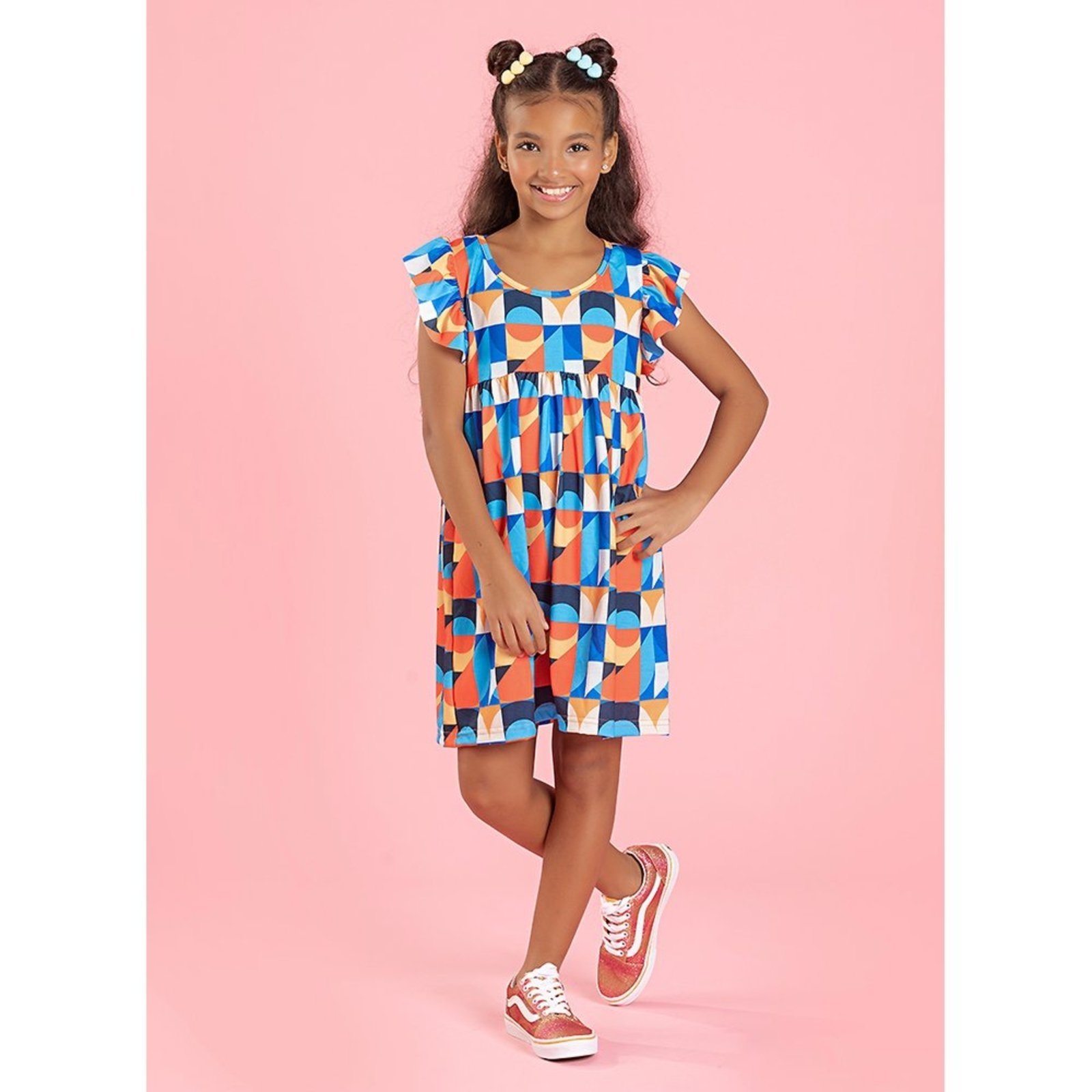 Vista 2 Infantil - Vestido Menina Vitamina Com Manga Babado Abstrato Molekada laranja Molekada laranja