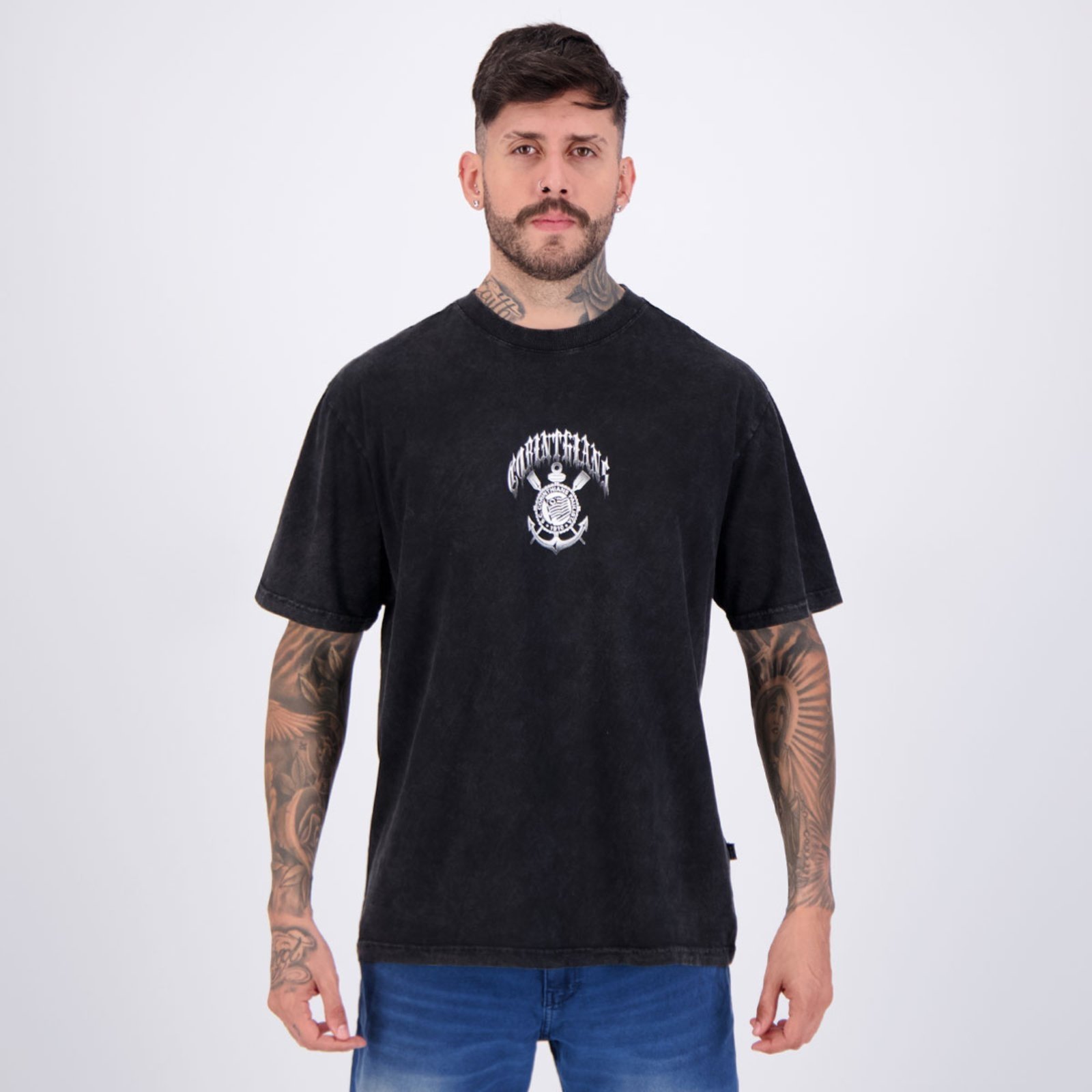 Camiseta Corinthians Stoned Oversized Cinza Escuro