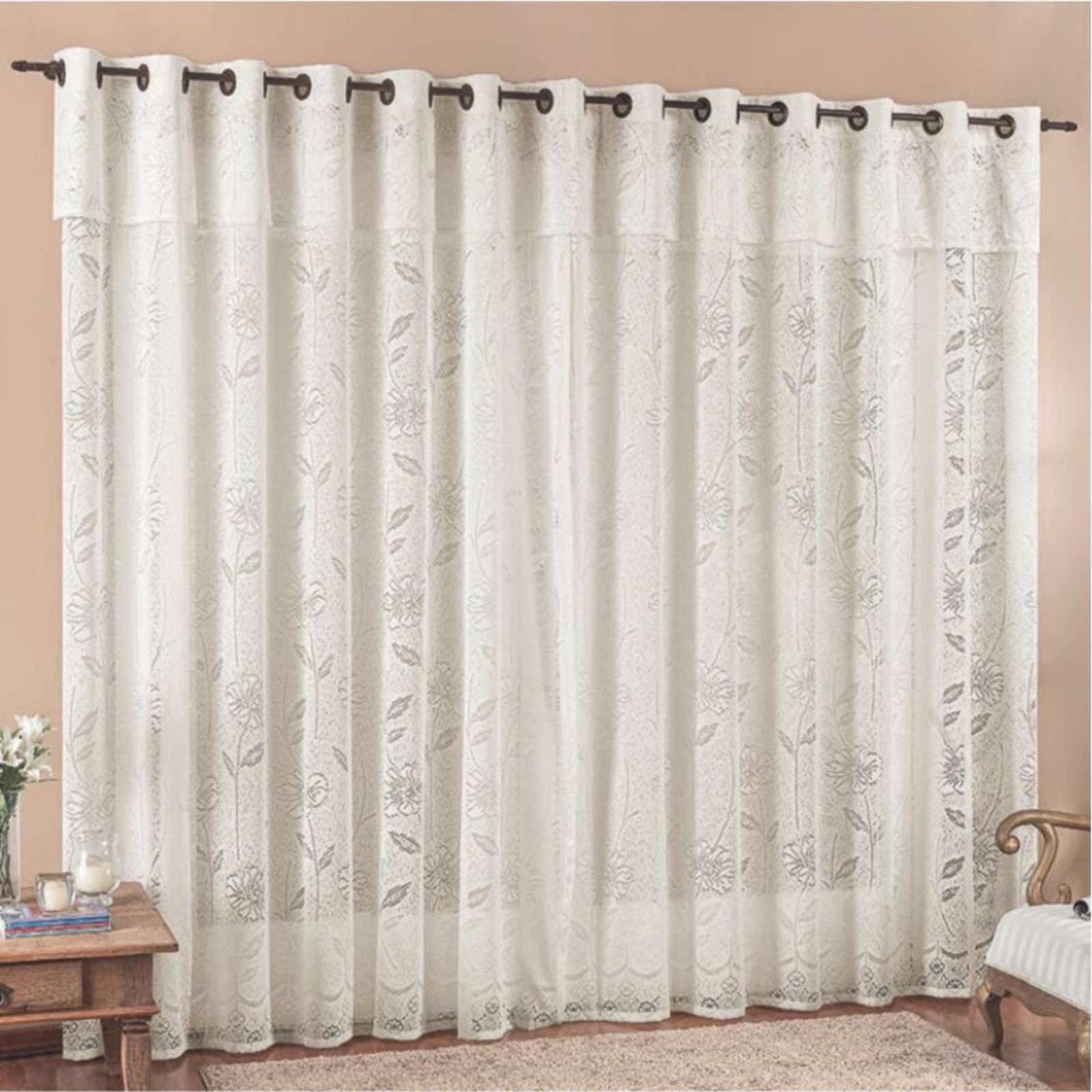Cortina 2,00x2,50 Sala Quarto Luna Rendada para Varão - Palha - 100% Poliéster