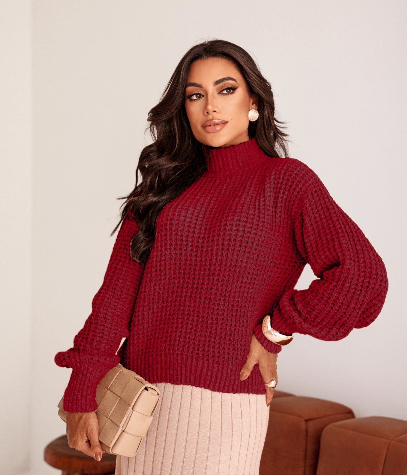 Blusa Cherry Line Manga Longa Gola Alta Ponto Fang Tricot Vermelho