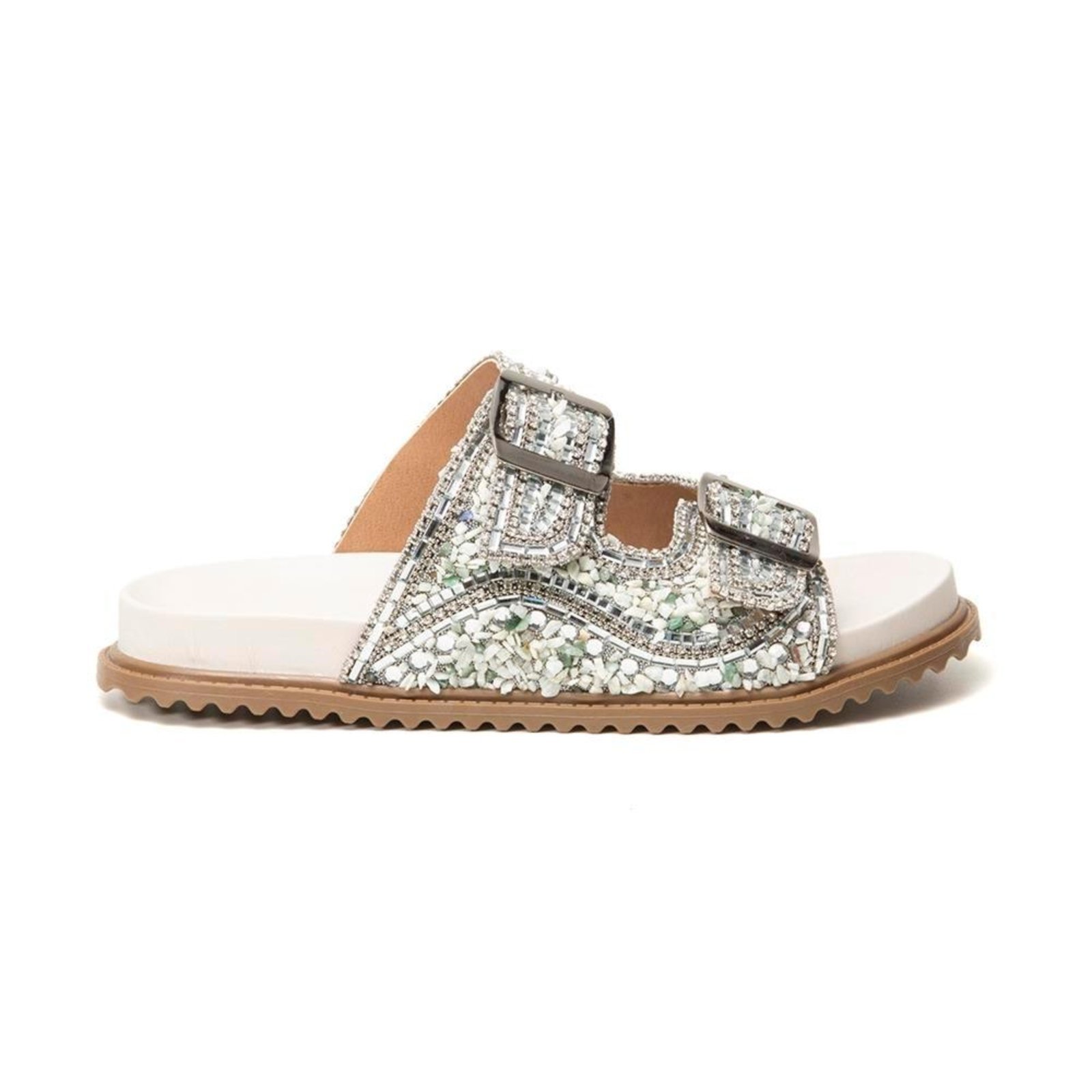 Sandália Papete Feminina Solado Flatform Fivela Pedraria Bege/Rosa 33 Prata