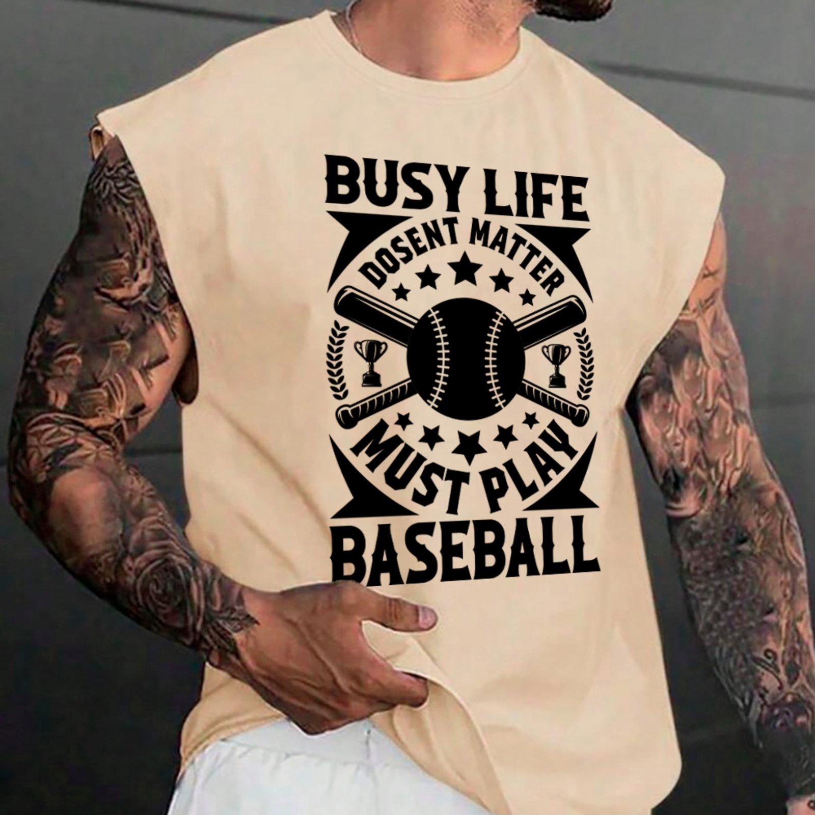 Camiseta Regata Machão Ousy Busy Life Must Play Baseball Oversized Masculina Off White