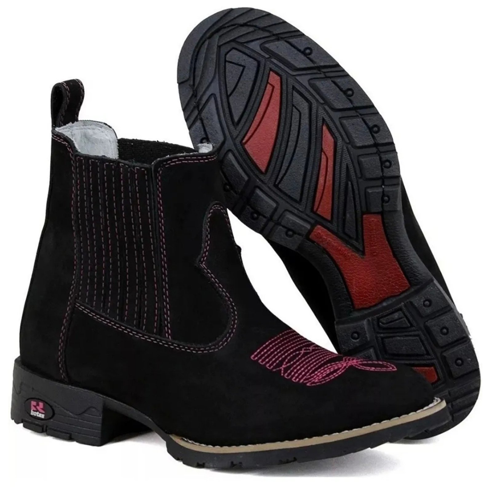 Bota Feminina RR Botas Texana Country Couro Bordado Bico Redondo Confortável Preto Rosa