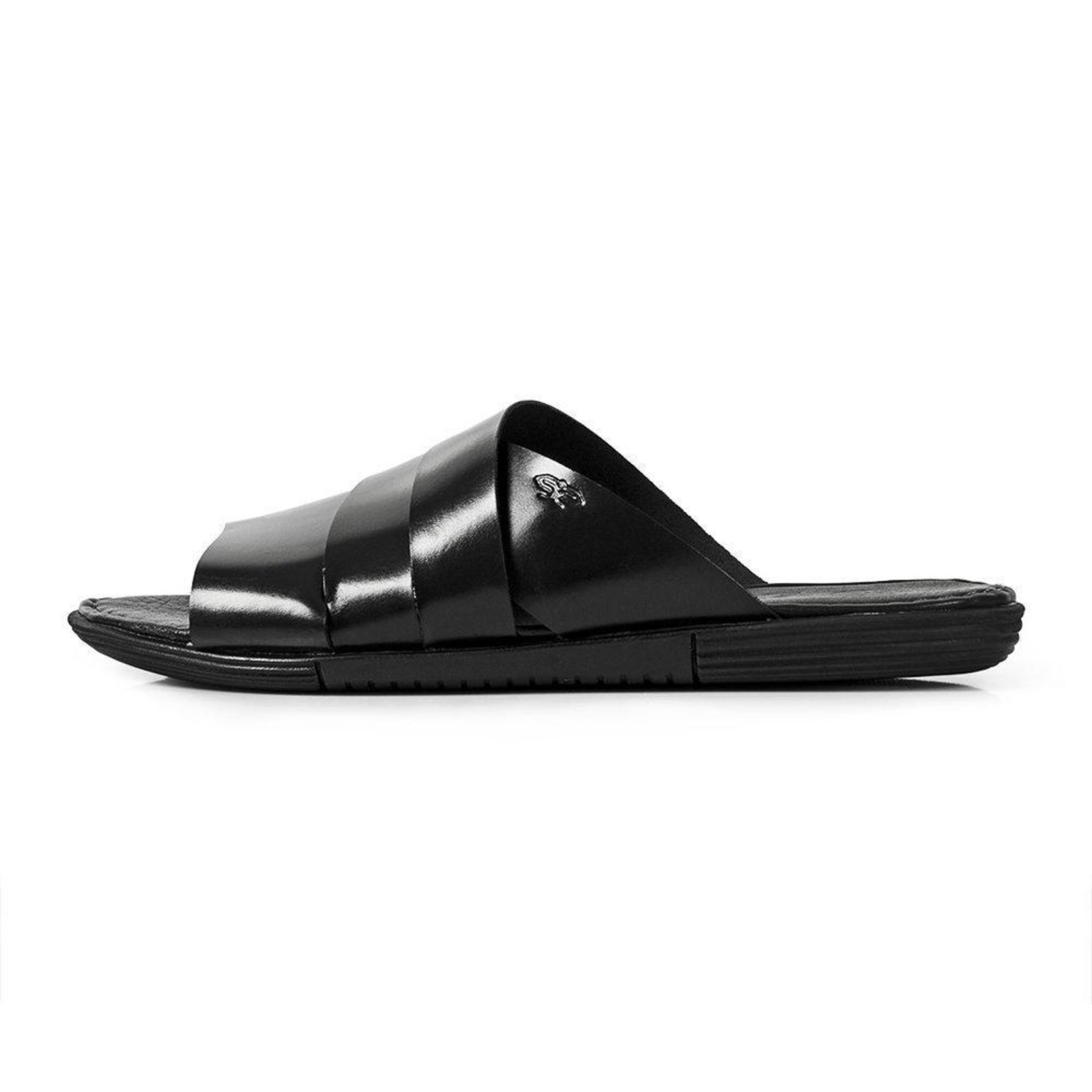 Sandália Chinelo Calprado Couro Tiras Casual Confortável Preto