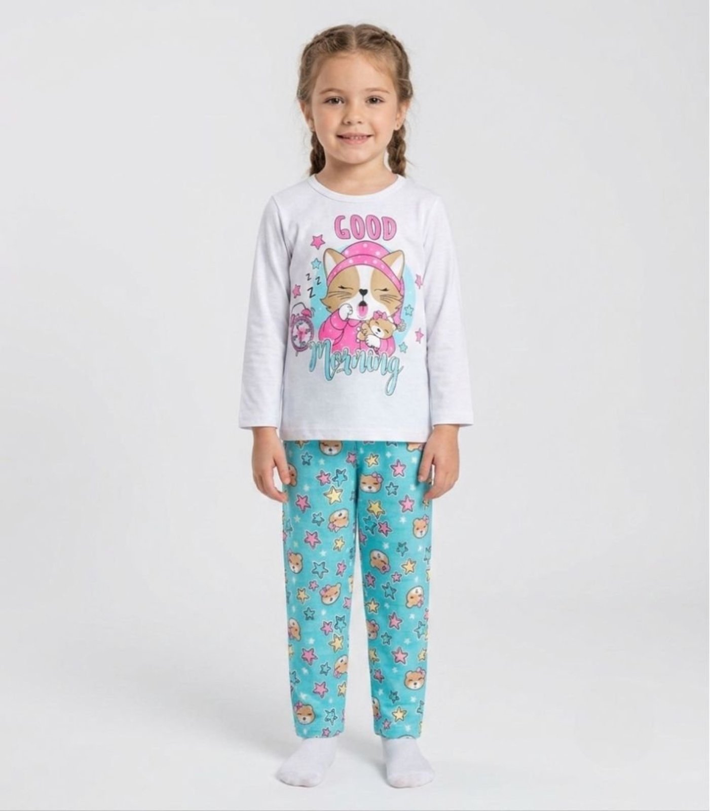Pijama Menina Manga Longa Meia Malha Kappes Branco