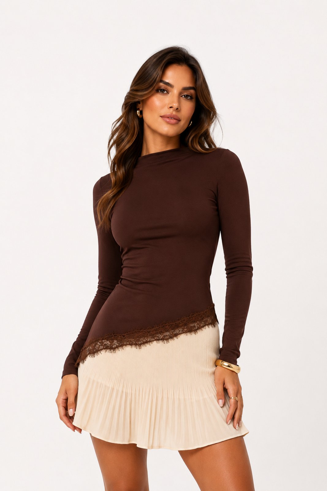 Blusa Feminina D Bell Outlet Fashion Renda Barra Assimétrica Marrom