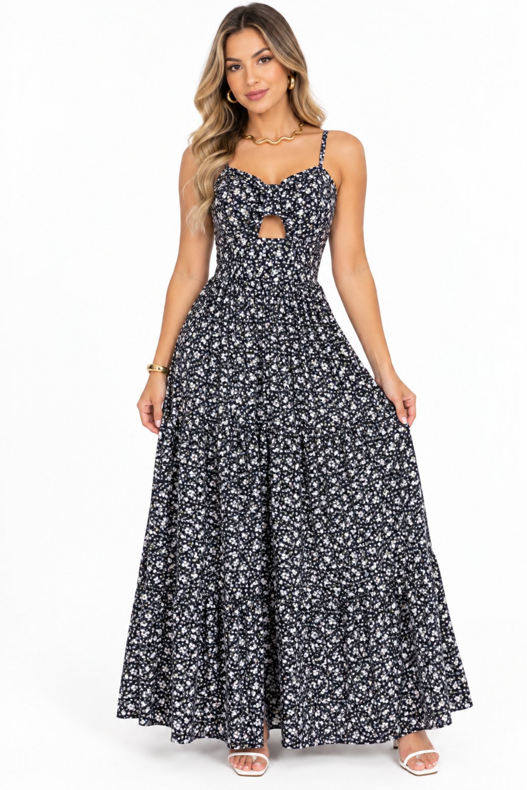 Vestido Longo Três Marias D Bell Outlet Fashion Alça Fina Estampa Floral Preto